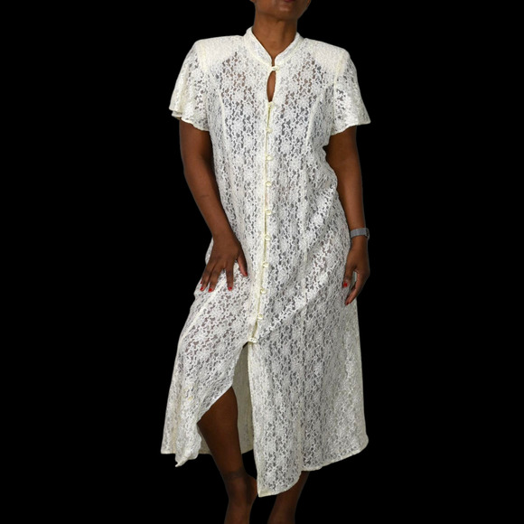 Vintage Lace Midi Dress White Ivory Button Front 80s Sheer Corset Lacing Medium - Picture 10 of 16